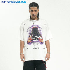 ONS EVENT Original Trendy Brand American Street Washed Retro Pure Cotton Small Collar Short sleeved T-shirt Men's Summer Loose