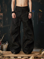 NOMANIAI Heavy-duty embroidered color-block pleated curved-seam jeans.