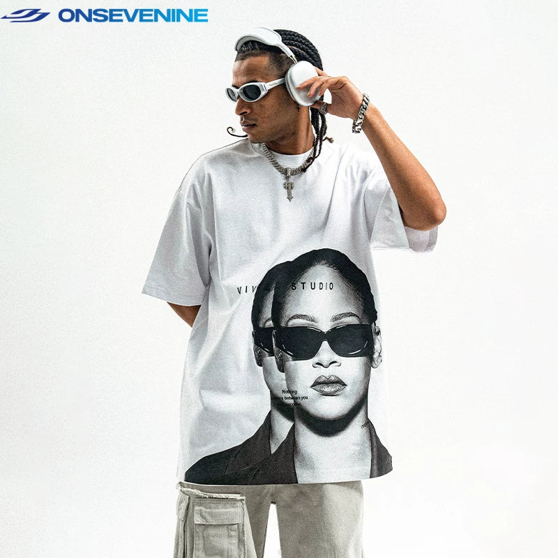 ONS EVENT Original Trendy Brand American Street Small Collar 300g Pure Cotton Printed Short sleeved T-shirt for Men and Women in Summer