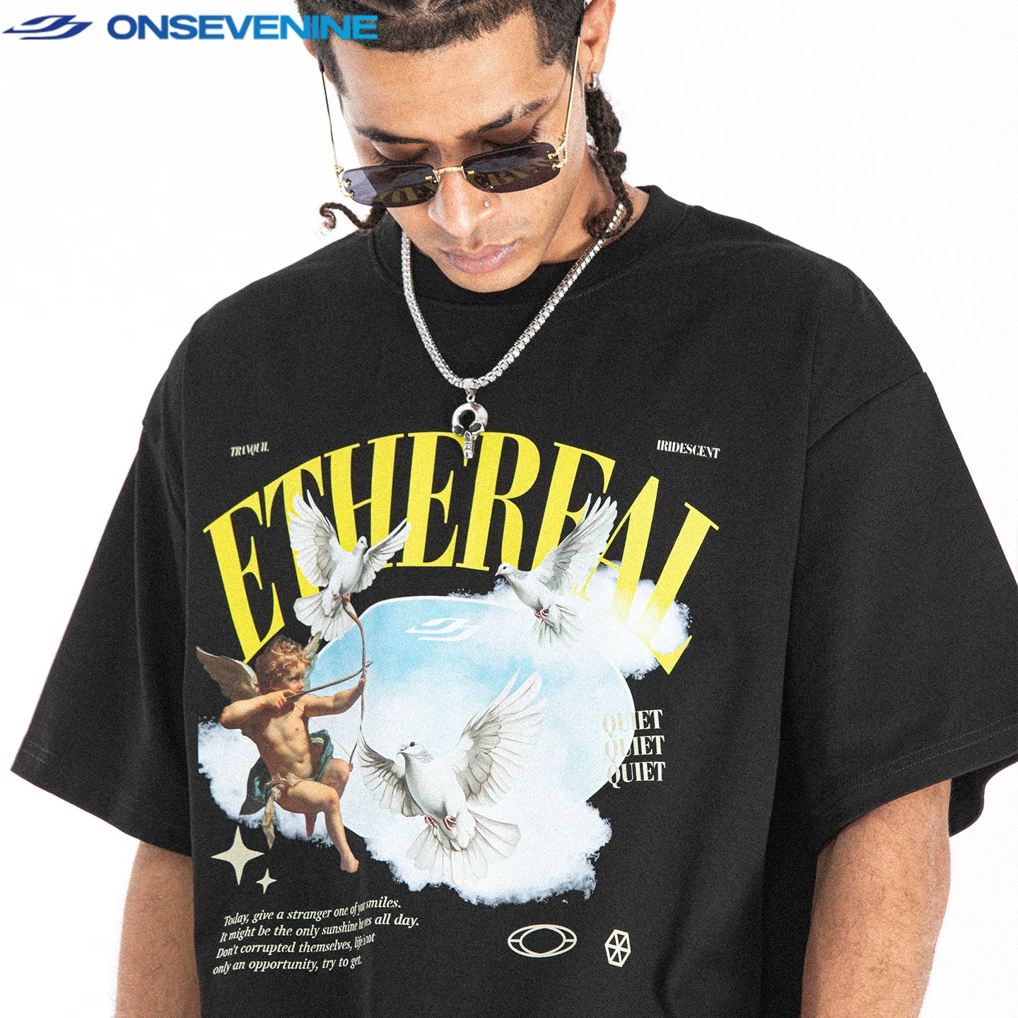 ONS EVENT Original Trendy Brand American Street Small Collar 280g Hiphop Loose Street Dance Short sleeved T-shirt for Men