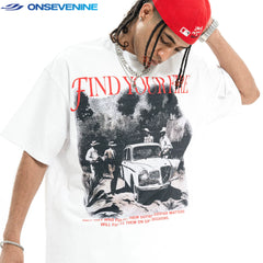 ONS VENINE American Hip Hop Street 300g Heavy Cotton Small Collar Trendy Brand Loose Short Breath T-shirt for Men Summer