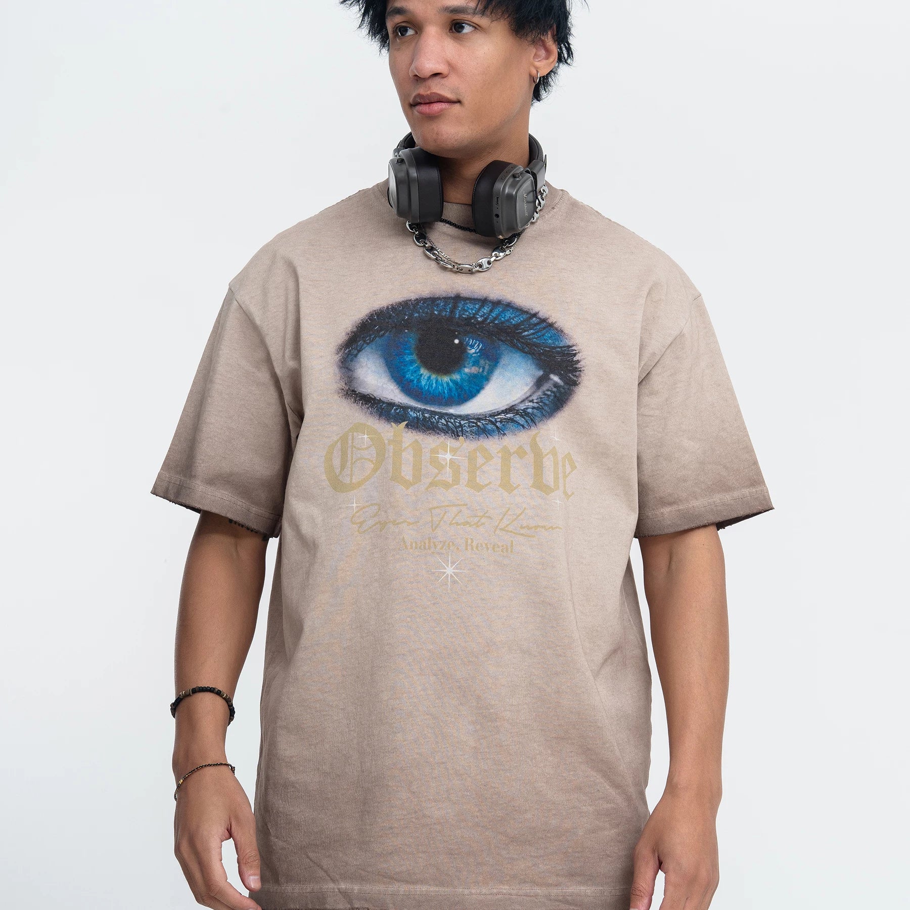 ONS VENINE American washed retro distressed gradient distressed edge 260g small collar short sleeved T-shirt men's summer