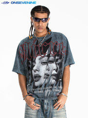 Onsevenine Original Printed Small Collar Summer Shoulder Down T-shirt 300g Heavy Cotton Short Sleeve Loose Short Style