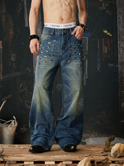 NOMANIAI Unisex Loose Straight-Leg Jeans with Rivets and Distressed Wash.
