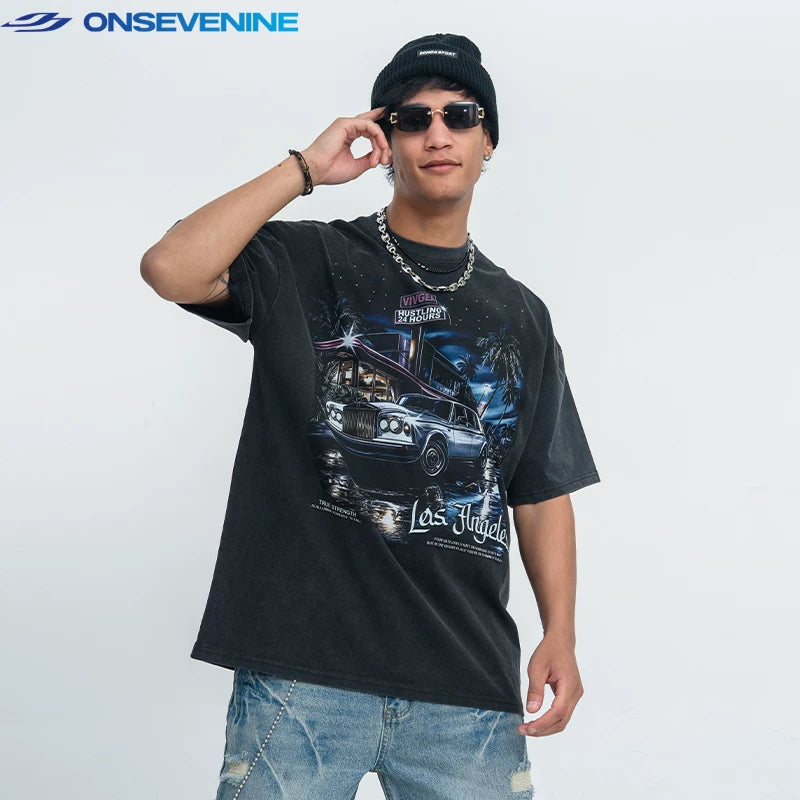 ONIVENINE White Ink Direct Spray Printed American Trendy Brand Washed Vintage Small Collar Short Sleeve T-shirt