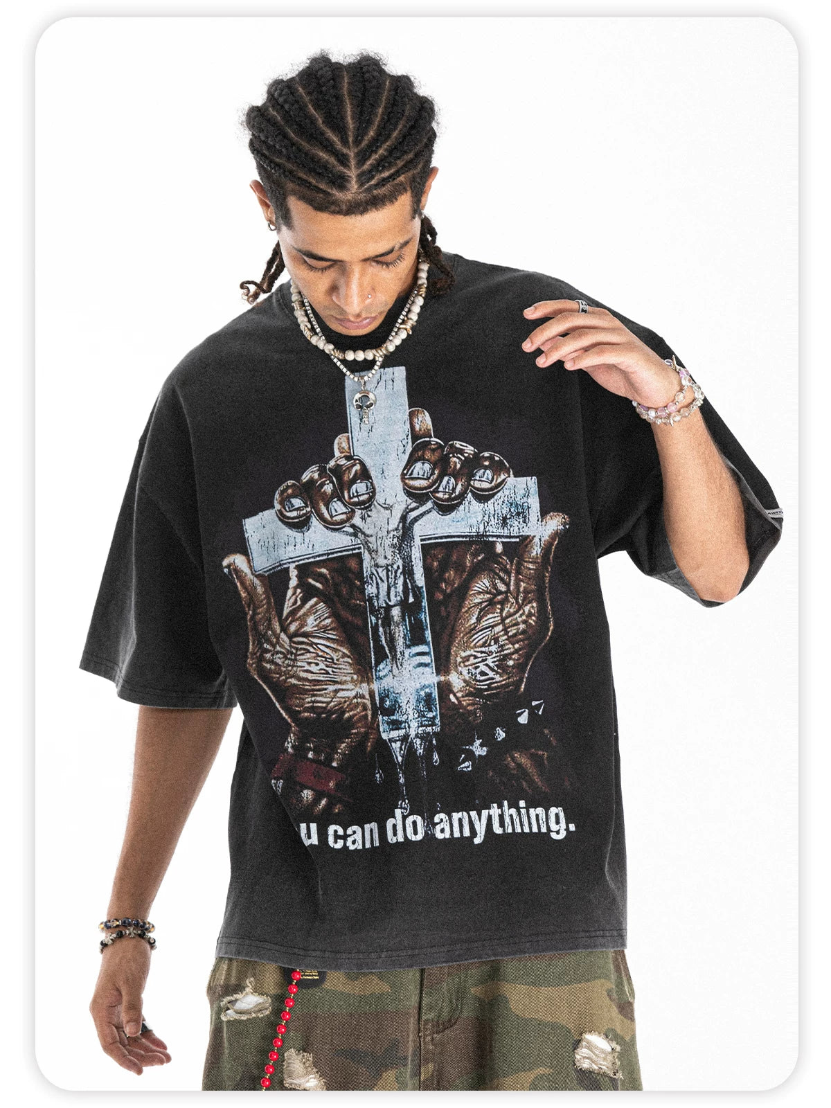 ONSEVENINE Men's American-style streetwear acid-wash distressed T-shirt