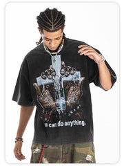 ONSEVENINE Men's American-style streetwear acid-wash distressed T-shirt