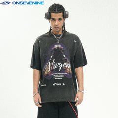 ONS EVENT Original Trendy Brand American Street Washed Retro Pure Cotton Small Collar Short sleeved T-shirt Men's Summer Loose
