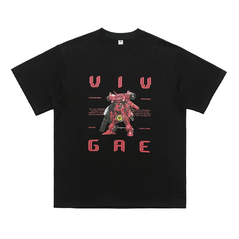 ONSEVENINE China-Chic Hip Hop Street Heavyweight Cotton Small Neckline Short Sleeve T-shirt Male Summer Couple American Retro