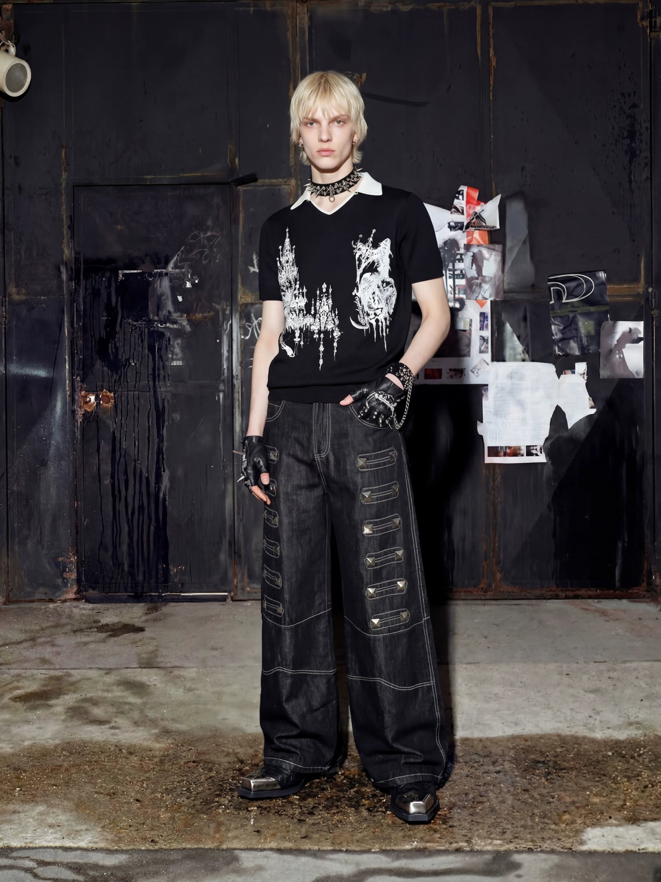NOMANIAI Y2K-style straight-leg jeans featuring large, dimensional square studs and a distinctive look.