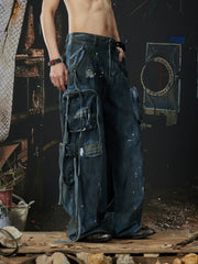 NOMANIAI  Heavy-duty wasteland-style multi-pocket denim jeans.