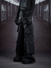 NOMANIAI Multi-pocket, layered-style straight-leg leather trousers (floor-length).