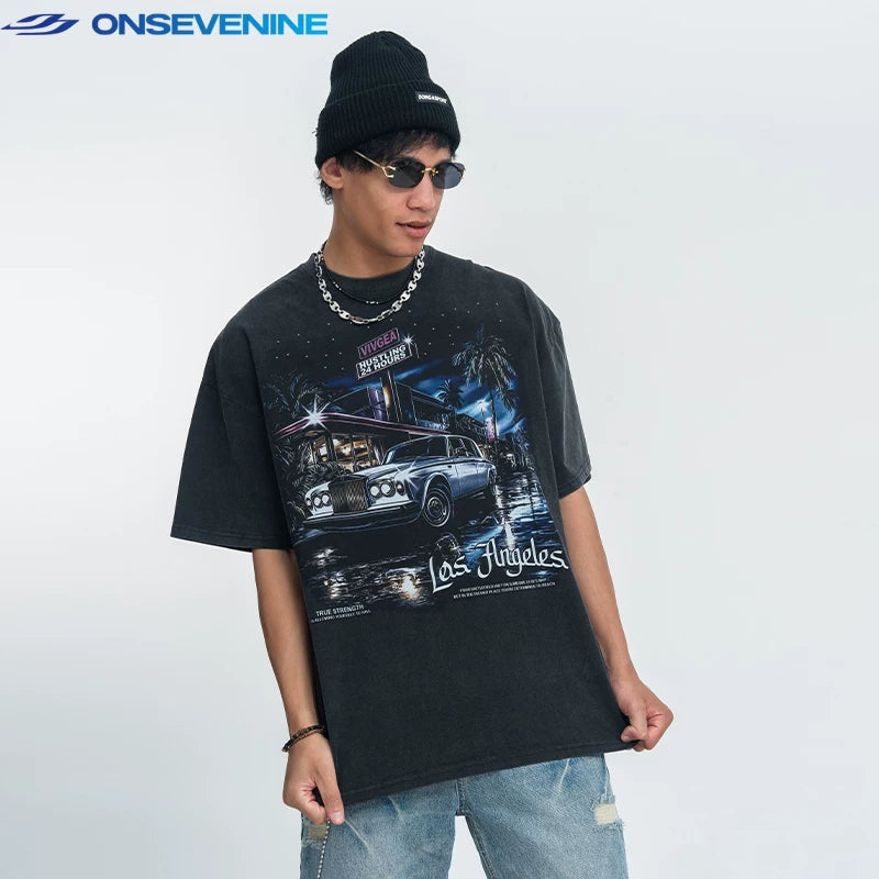 ONIVENINE White Ink Direct Spray Printed American Trendy Brand Washed Vintage Small Collar Short Sleeve T-shirt