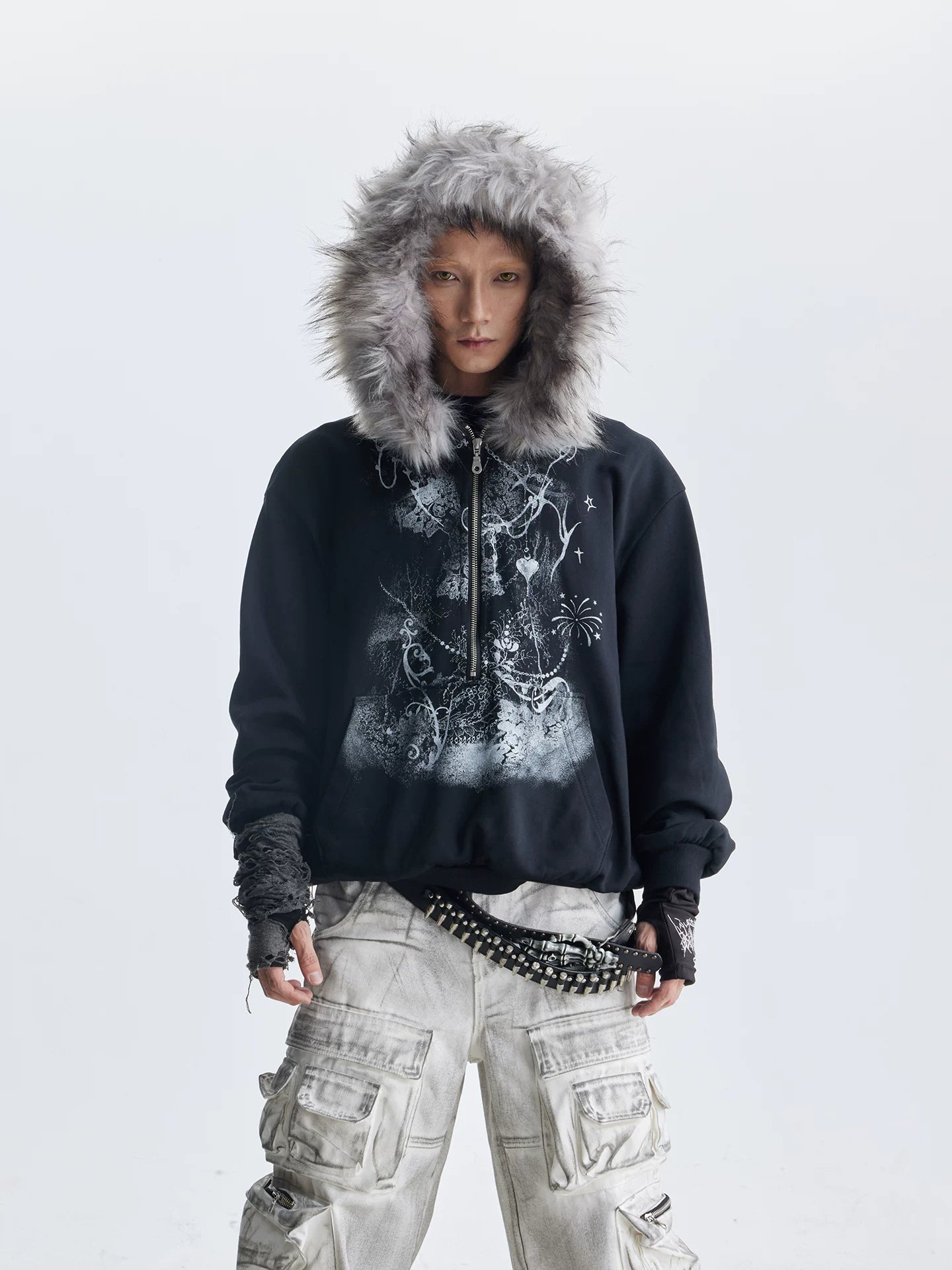 NOMANIAI  Fuzzy Hooded Printed Half-Zip Sweatshirt – Loose Cropped Top.