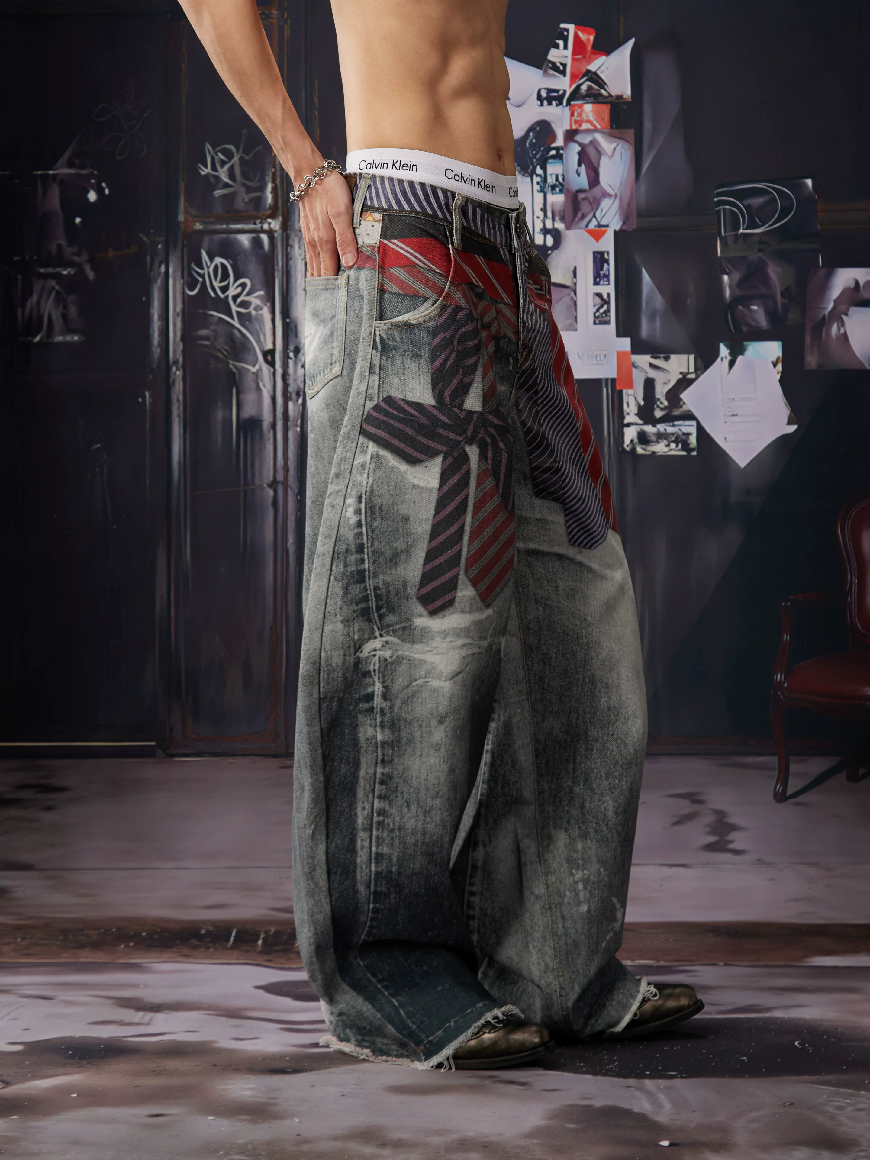 NOMANIAI 3D-printed color-block tie-detail layered wide-leg streetwear trousers.