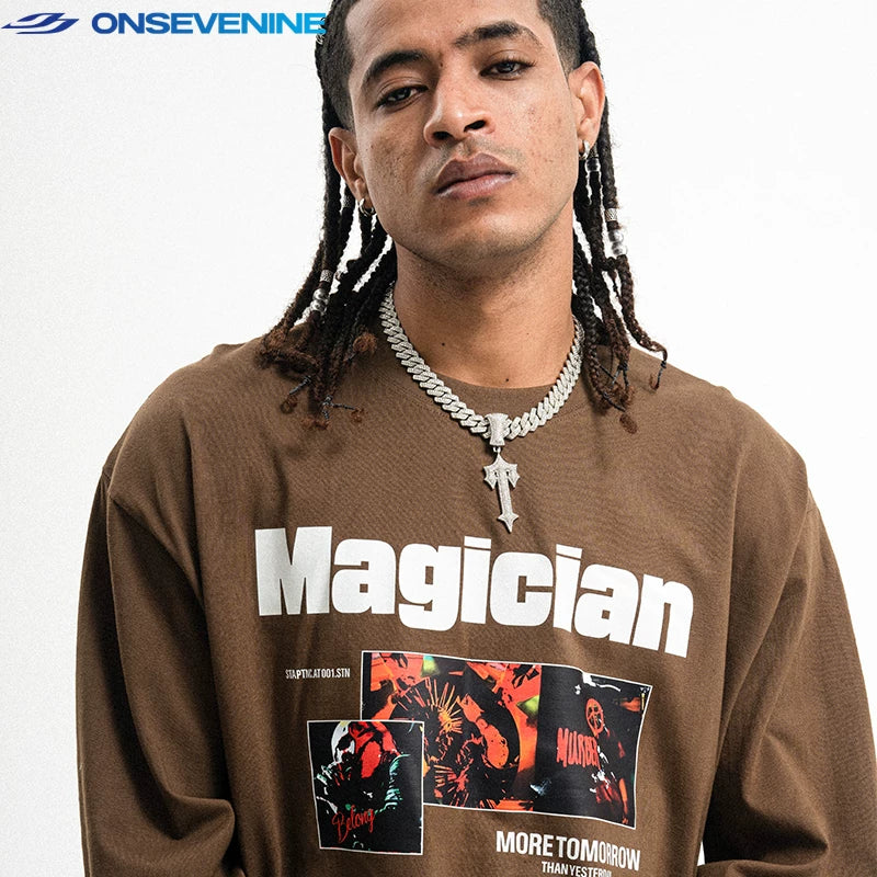ONIVENINE American street heavyweight pure cotton small collar loose long sleeved T-shirt men's and women's spring and autumn top base
