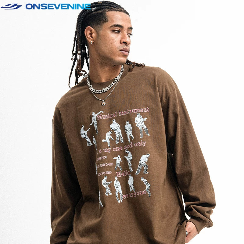 ONSEVENINE Original Fashion Brand Small Neckline 260g Heavy Weight Cotton Long Sleeve T-shirt Men's and Women's Autumn Backing Shirt China-Chic