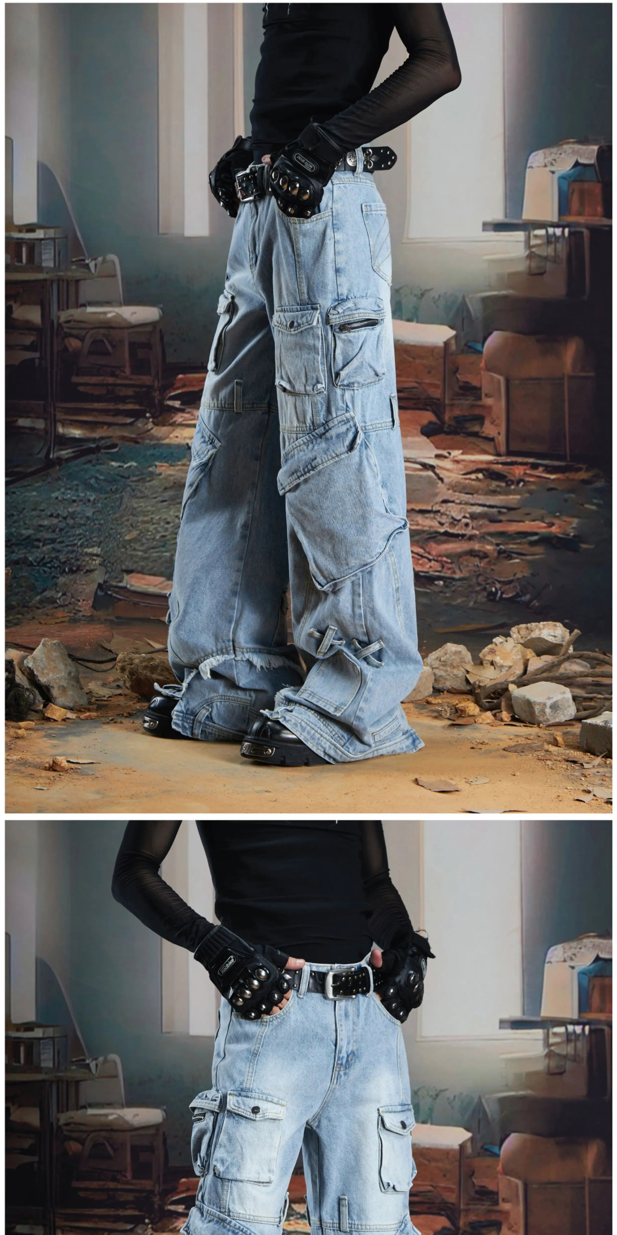 NOMANIAI  Multi-pocket deconstructed, washed, and distressed workwear-style denim jeans.