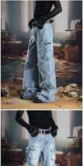 NOMANIAI  Multi-pocket deconstructed, washed, and distressed workwear-style denim jeans.
