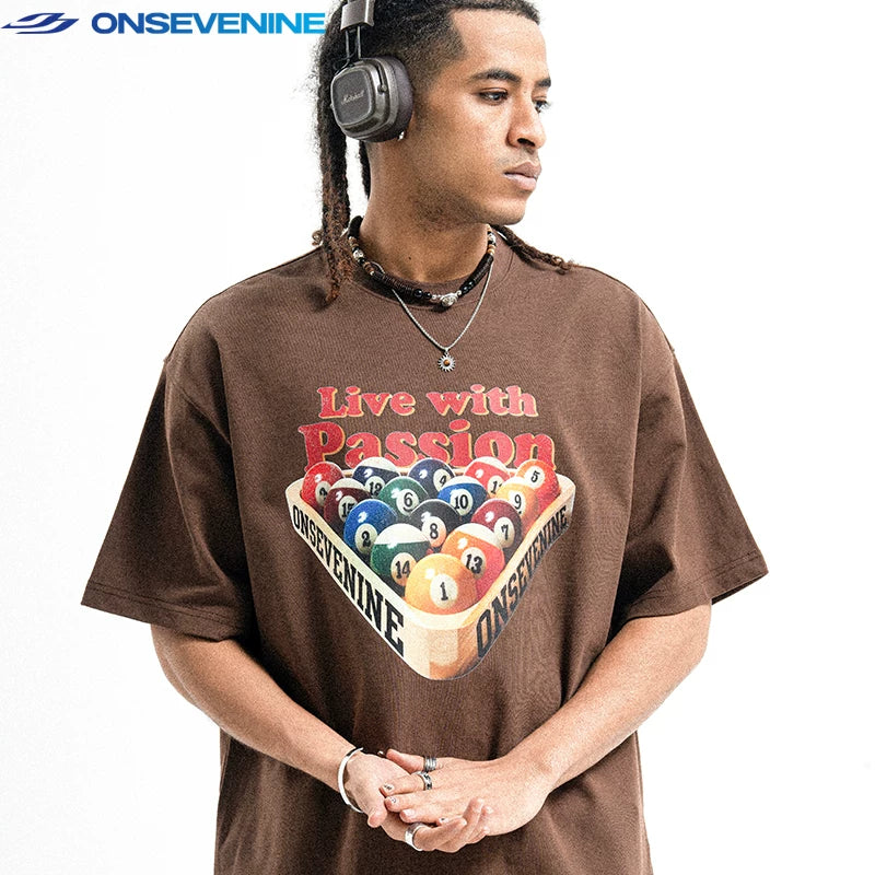 ONSEVENINE China-Chic 300g small neckline American street high street ins fashion brand loose short sleeve T-shirt men's summer