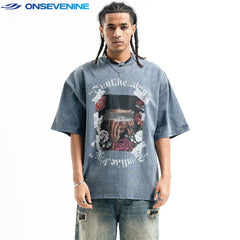 Onsevenine Original American Washed Retro Do Old Anti Stir Fry Heavy Weight Cotton Small Collar Short Sleeve T-shirt for Men Summer