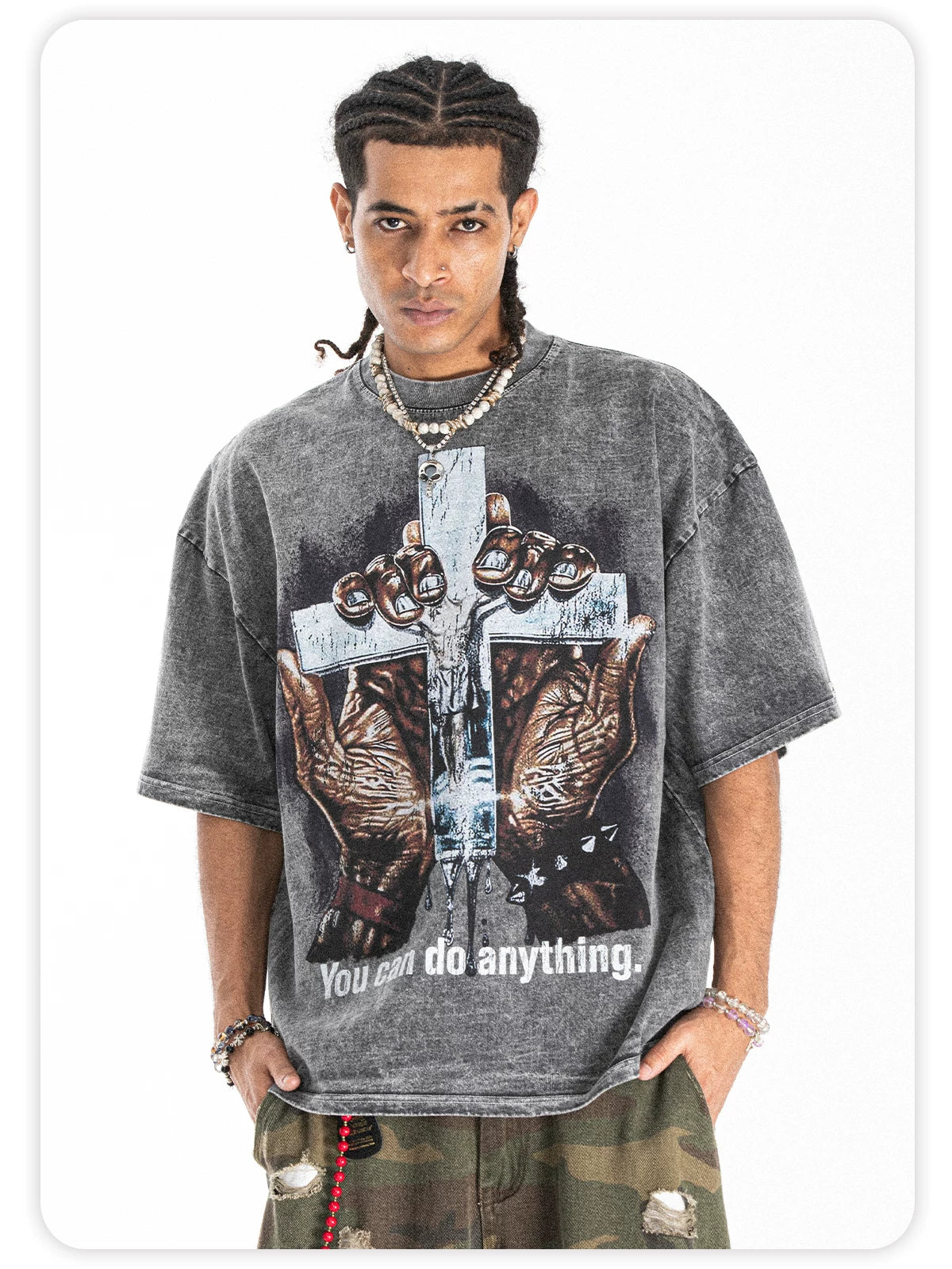 ONSEVENINE Men's American-style streetwear acid-wash distressed T-shirt