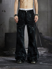 NOMANIAI Dark Street-Style Denim Jeans with Angel Wing Embroidery and Studs.