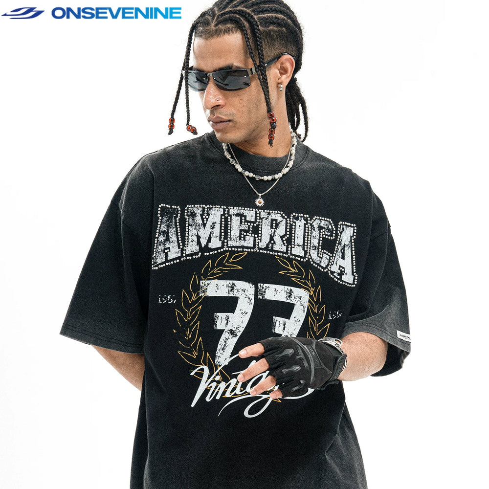 ONS EVENT Original Trendy Brand American Retro Washed, Used, Hot Diamond Made Pure Cotton Short sleeved T-shirt for Men Summer Loose Ins