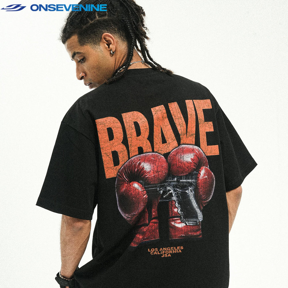 ONIVENINE American Street Small Collar 280g Heavy Cotton Short sleeved T-shirt for Men and Women Summer Loose Hip Hop