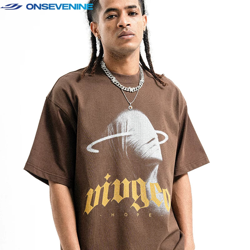 ONSEVENINE American Street Hip Hop Hip Hop Hip Hop Dance China-Chic Small Neckline 300g Loose Couple Short Sleeve T-shirt Male Summer