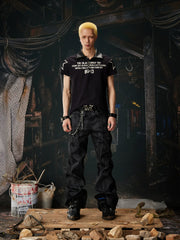 NOMANIAI Dark-coated rivet micro-flared jeans.