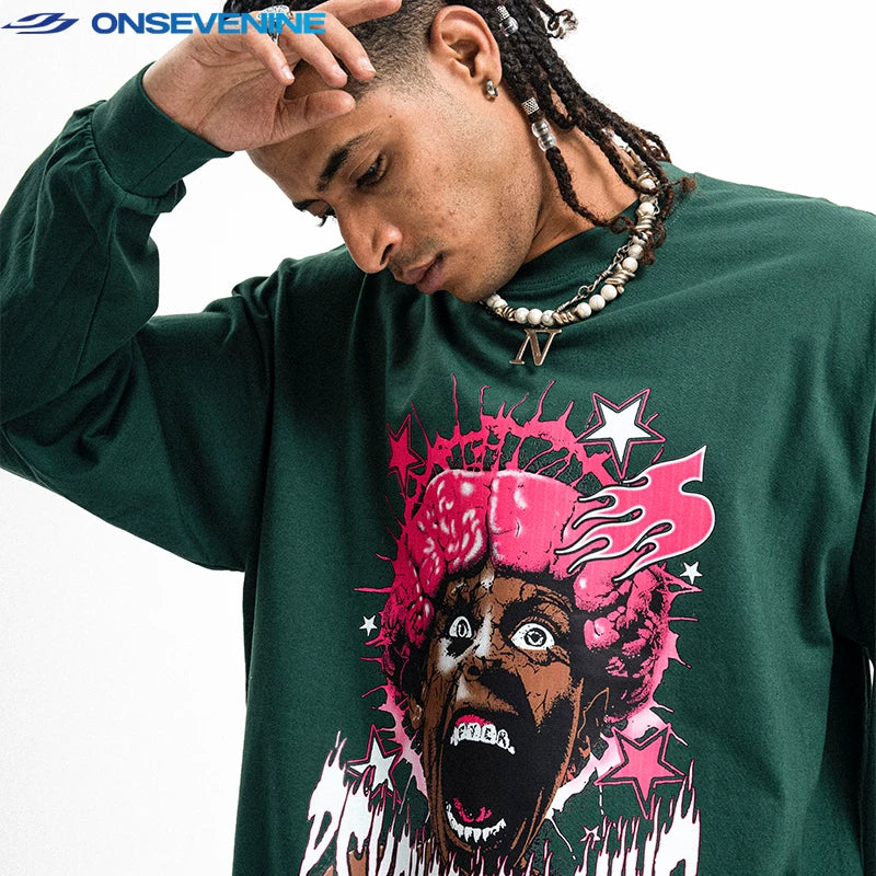 ONS VENINE Trendy American Street Loose Round Neck Cotton Long Sleeve T-shirt for Men and Women Spring and Autumn Base Shirt Ins Trendy