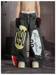 NOMANIAI  Trendy Street-Style Retro Loose-Fit Wide-Leg Curved-Cut Jeans.