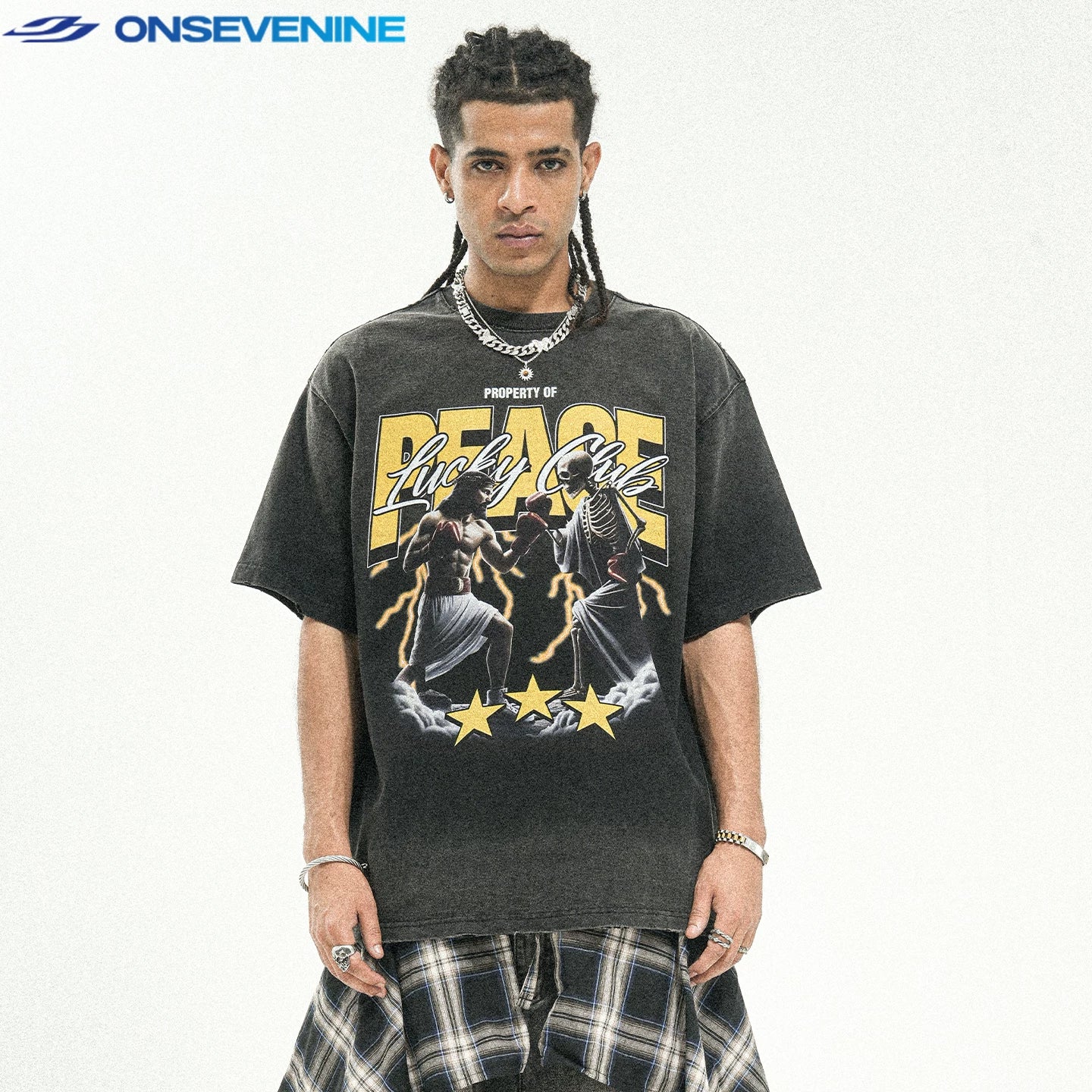 ONSEVENINE American Water Wash Vintage Worn Heavy Weight Cotton 280g Small Neckline Short Sleeve T-shirt Men's Summer China-Chic