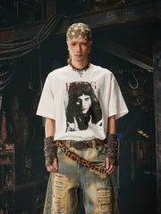 NOMANIAI  Retro Loose-Fit Pure Cotton Short-Sleeve T-Shirt: A Tribute to Rock Pioneers.