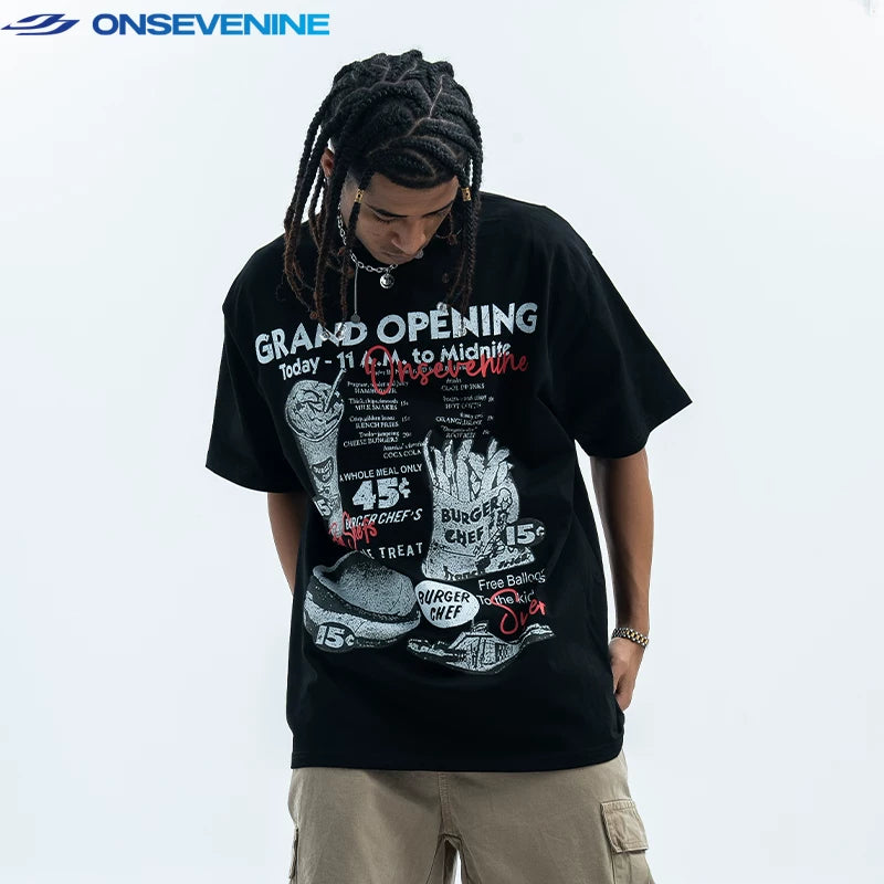 ONSEVENINE American Street 280g Heavy Weight Cotton Small Neckline Fashion Brand Short Sleeve T-shirt Men's Summer China-Chic ins