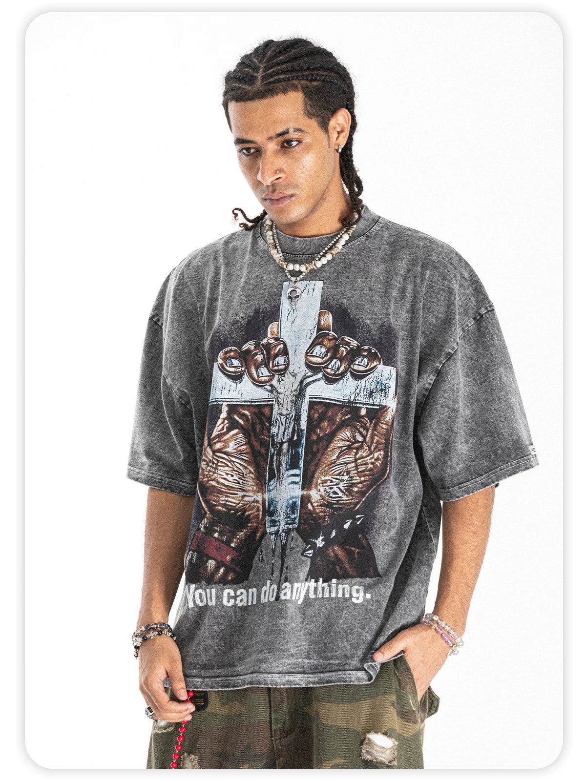 ONSEVENINE Men's American-style streetwear acid-wash distressed T-shirt