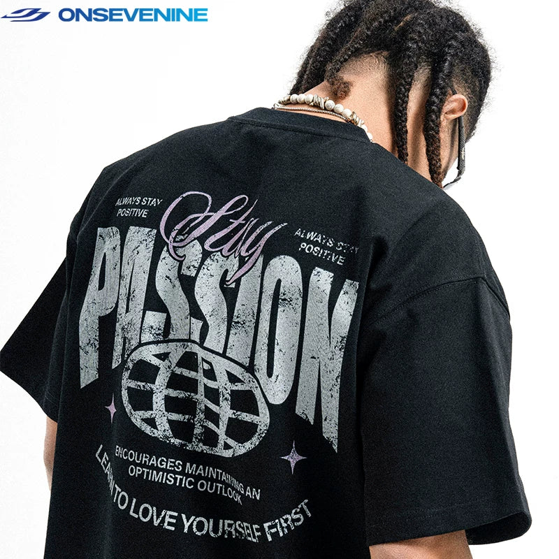 ONIVENINE American Hip Hop Street Dance Trendy Brand Small Collar 300g Pure Cotton Couple's Short sleeved T-shirt for Men and Women Summer