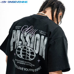 ONIVENINE American Hip Hop Street Dance Trendy Brand Small Collar 300g Pure Cotton Couple's Short sleeved T-shirt for Men and Women Summer