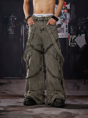 NOMANIAI Loose-fit straight-leg jeans with detachable ribbons and 3D tailoring.