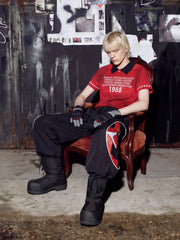 NOMANIAI  Deconstructed Color-Block Loose-Fit Moto Pants.
