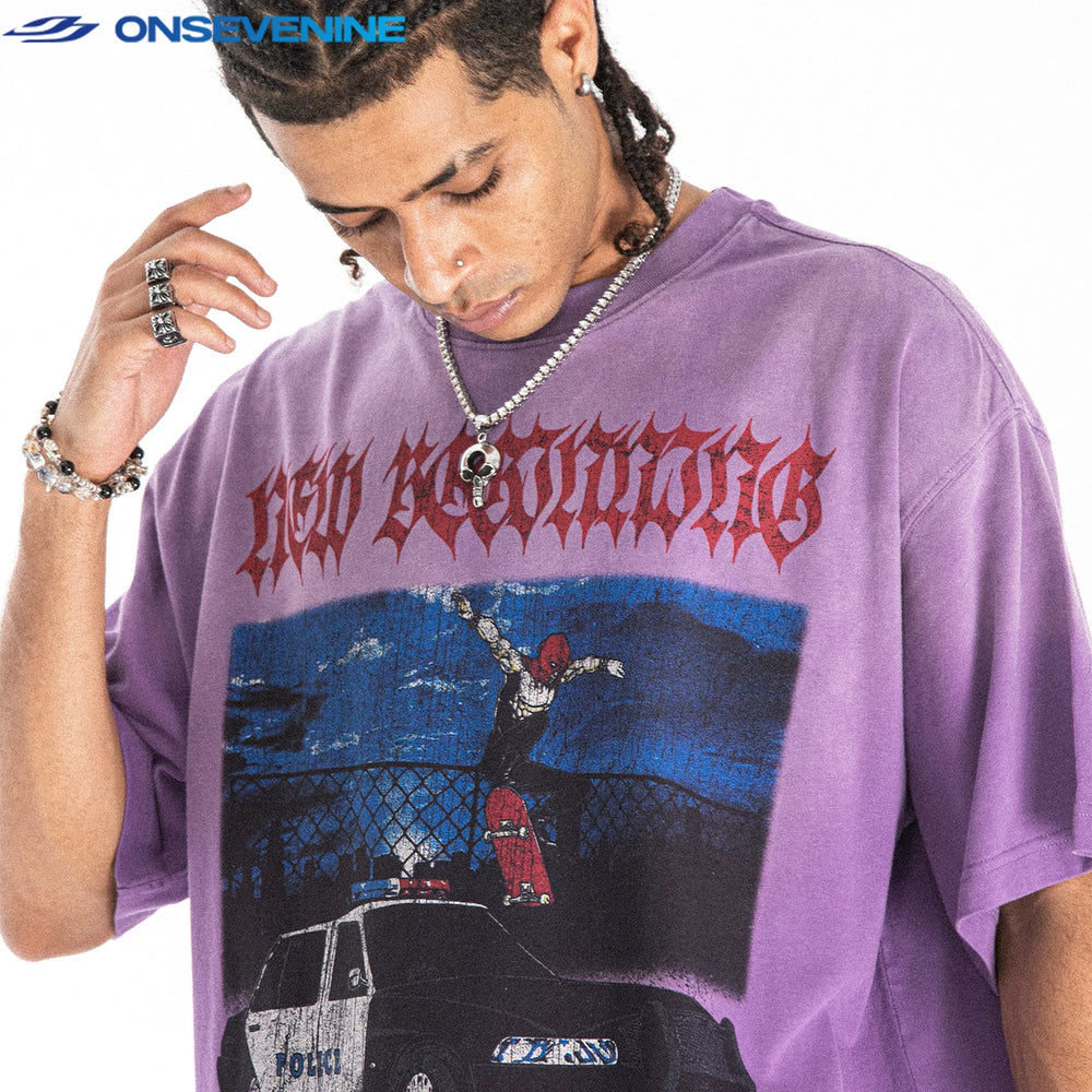 ONSEVENINE American street wash retro gradient 300g small neckline short sleeve T-shirt men's summer loose China-Chic
