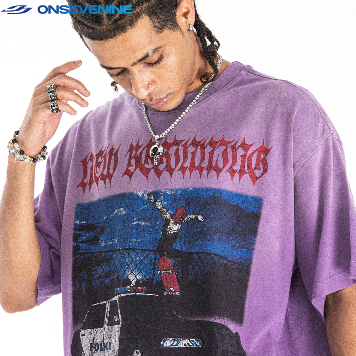 ONSEVENINE American street wash retro gradient 300g small neckline short sleeve T-shirt men's summer loose China-Chic