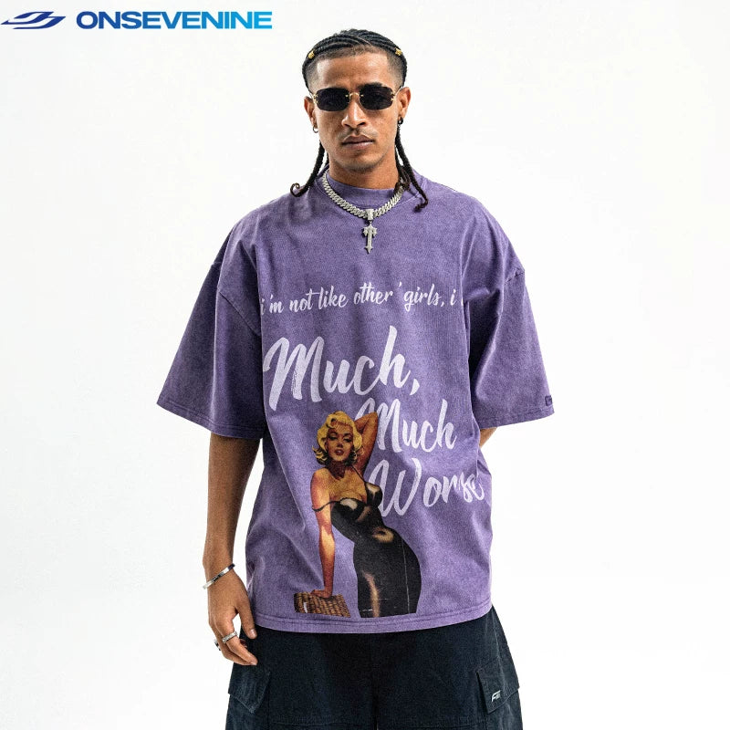 ONS EVENT American street wash vintage heavy weight pure cotton short sleeved T-shirt for men and women, summer unisex fashion brand