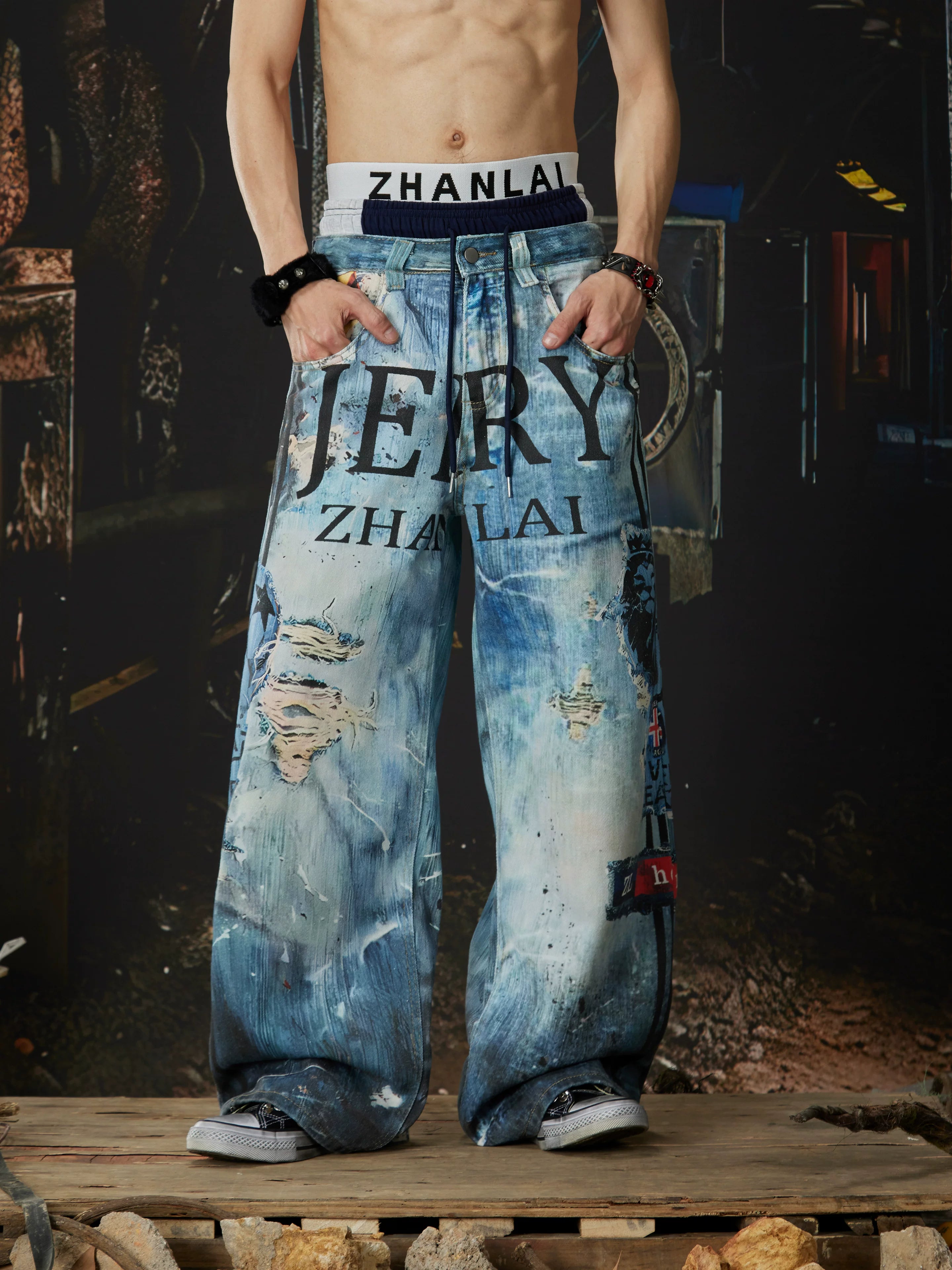 NOMANIAI Loose-fit streetwear-style athletic pants with 3D print.