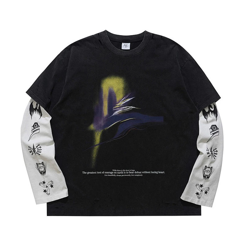 ONSEVENINE Trendy Brand Washed and Worn Long Sleeve T-shirt Retro Fake Two Piece Men's Spring and Autumn Shirt China-Chic
