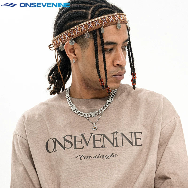 ONSEVENINE美式水洗复古做旧渐变破洞毛边280克小领口短袖T恤男夏