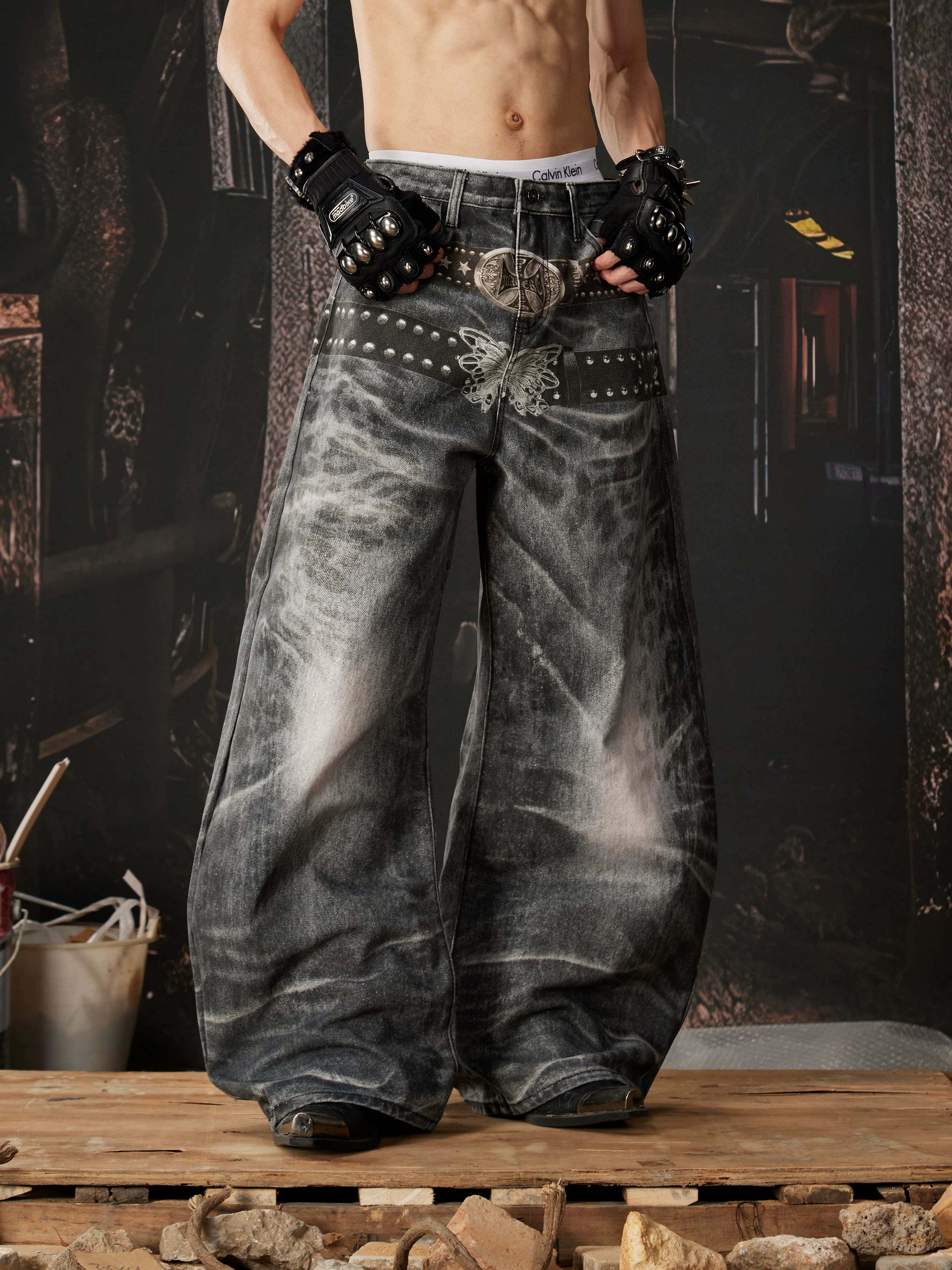 NOMANIAI Double-waistband rock-style streetwear jeans.