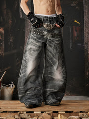 NOMANIAI Double-waistband rock-style streetwear jeans.