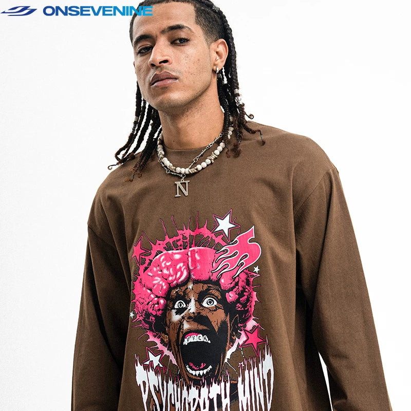 ONS VENINE Trendy American Street Loose Round Neck Cotton Long Sleeve T-shirt for Men and Women Spring and Autumn Base Shirt Ins Trendy